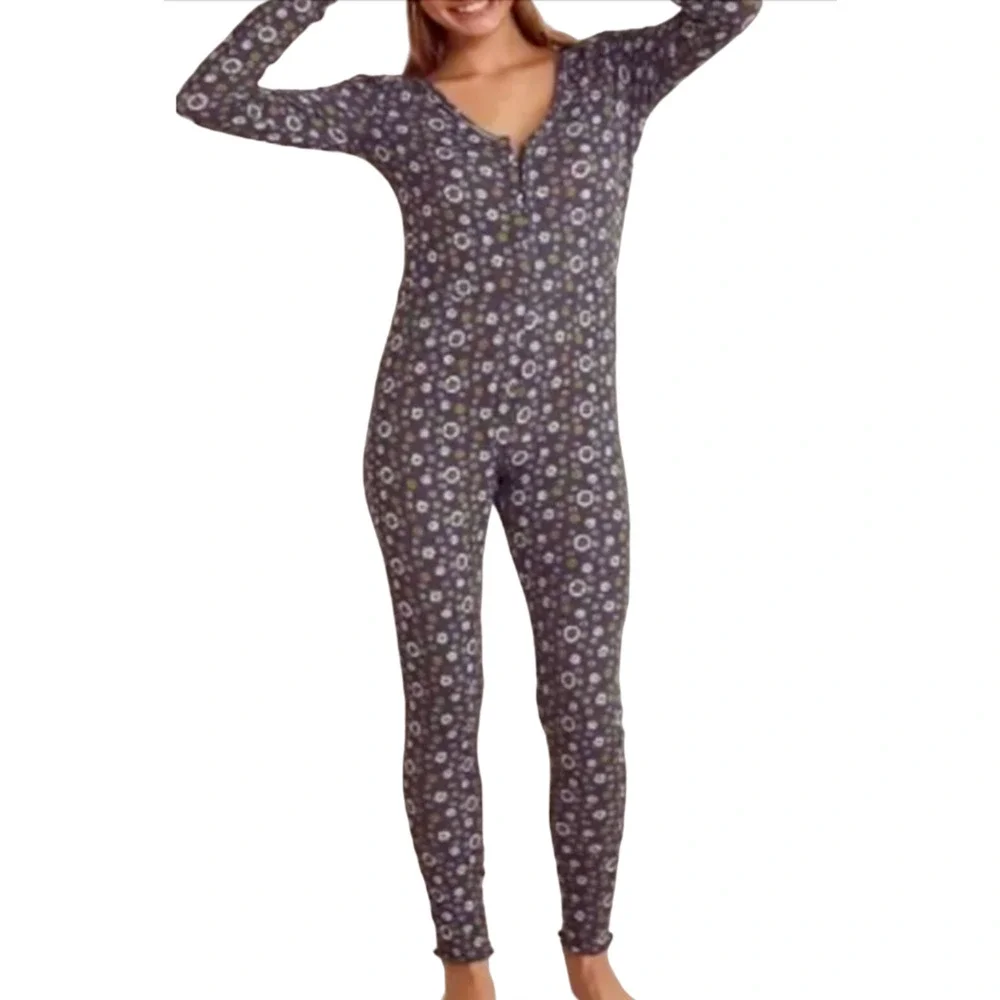 FREE PEOPLE INTIMATELY GREEN HOME ALONE LONG JOHN PAJAMAS JUMPSUIT ONE PIECE XS